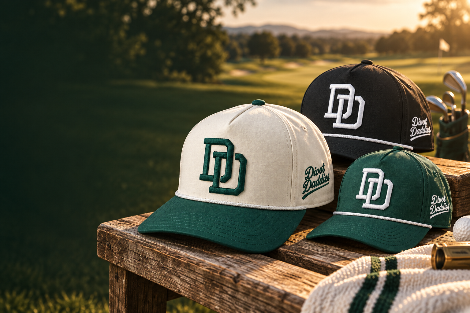 Divot Daddies rope hats on a sunlit golf course bench