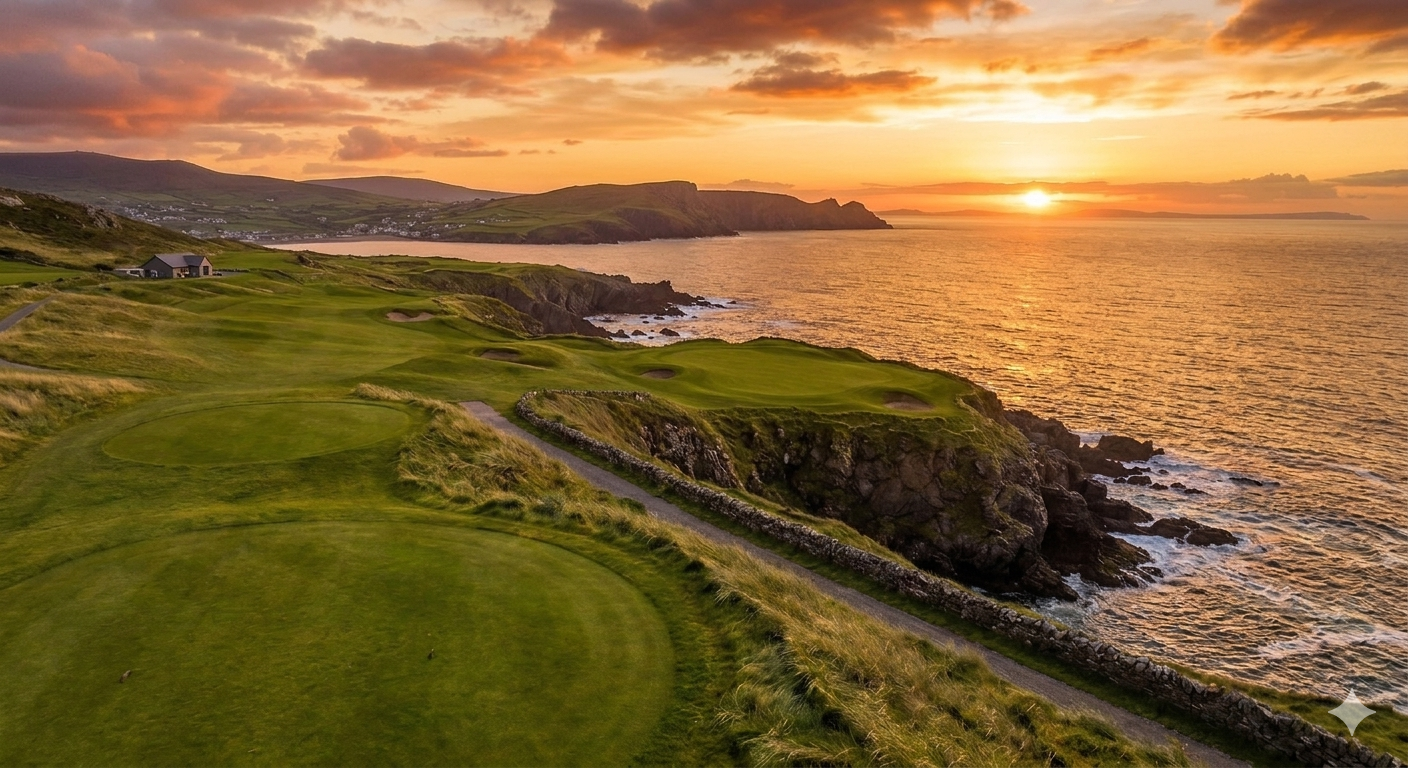 Coastal golf course at sunset