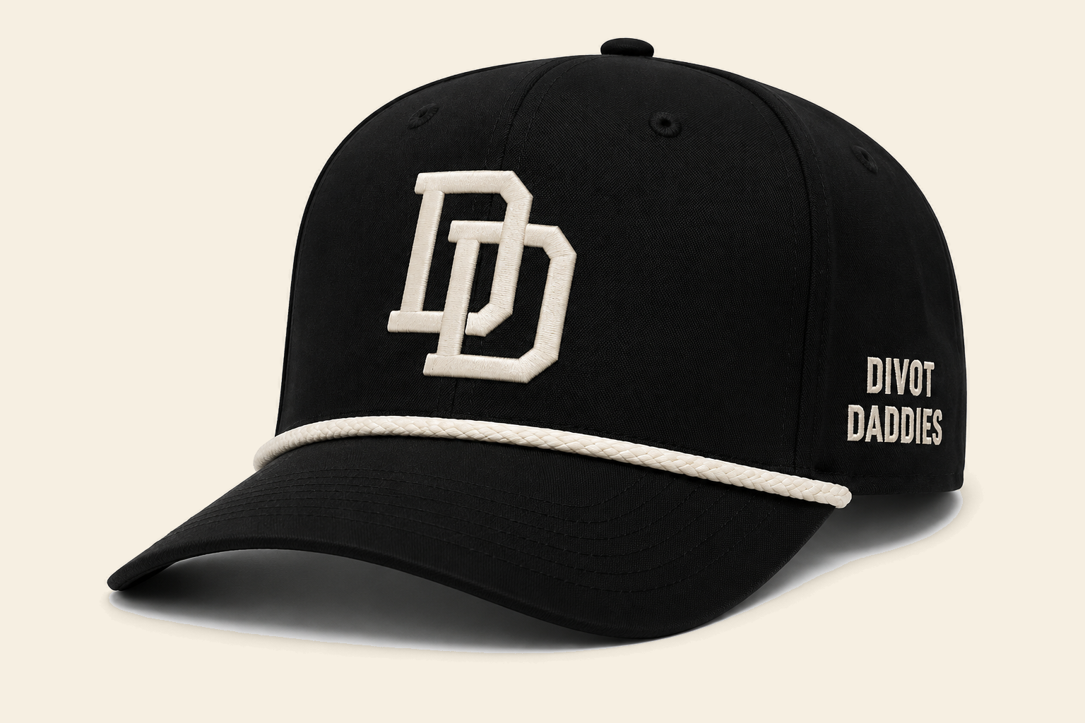 Black Divot Daddies rope hat with cream DD monogram and side embroidery