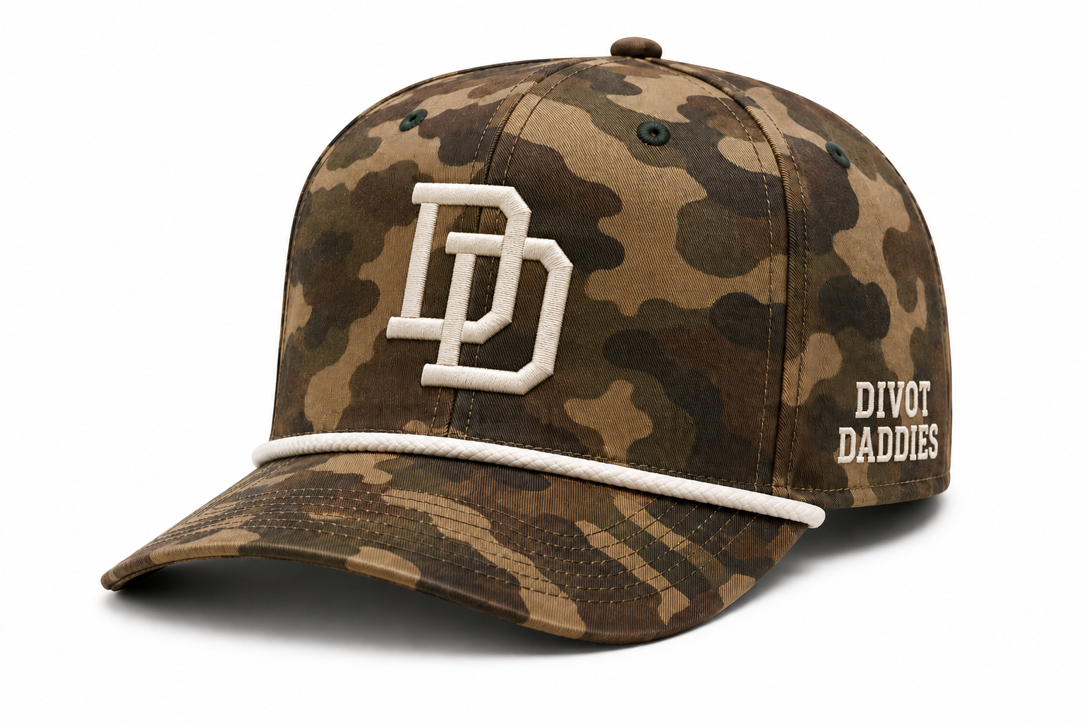 Camo Divot Daddies rope hat with cream DD monogram and side embroidery