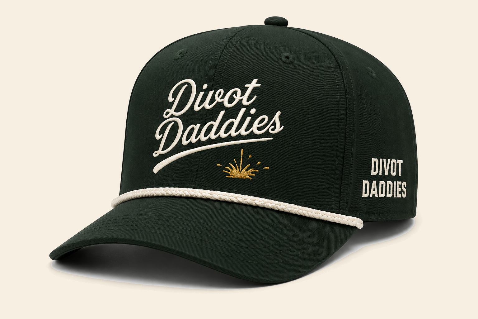Forest green Divot Daddies rope hat with cream script embroidery and gold splash detail