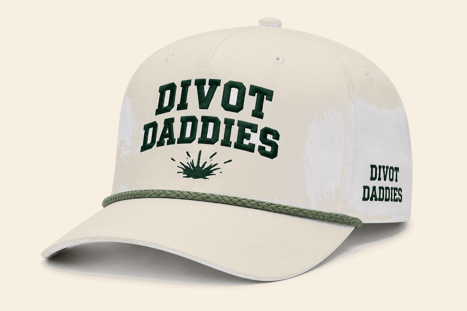 White Divot Daddies rope hat with forest green arched embroidery and sage rope