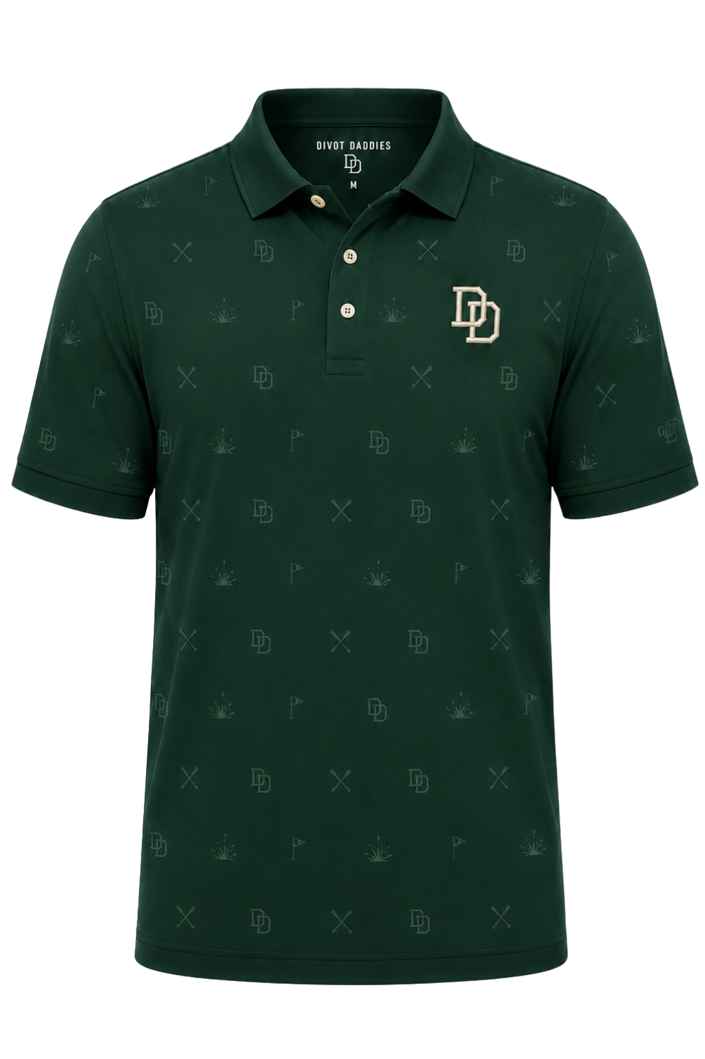 Forest green Divot Daddies polo with tonal course icons and DD chest mark