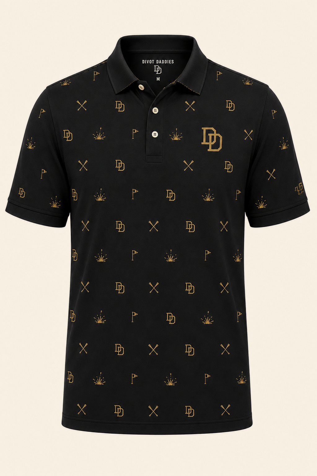 Black Divot Daddies polo with vintage gold course icons and DD chest mark