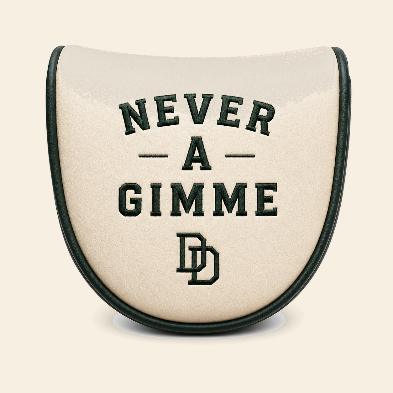 Cream Divot Daddies putter cover with forest Never A Gimme embroidery and DD monogram