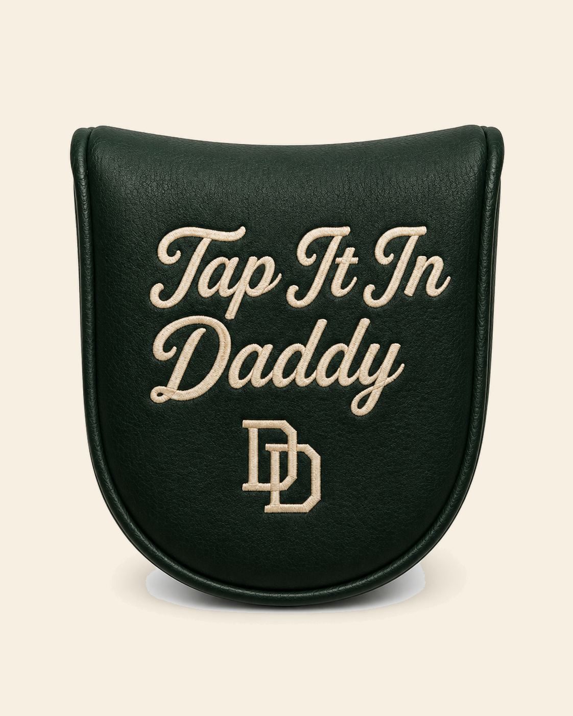 Forest green Divot Daddies putter cover with cream Tap It In Daddy embroidery and DD monogram