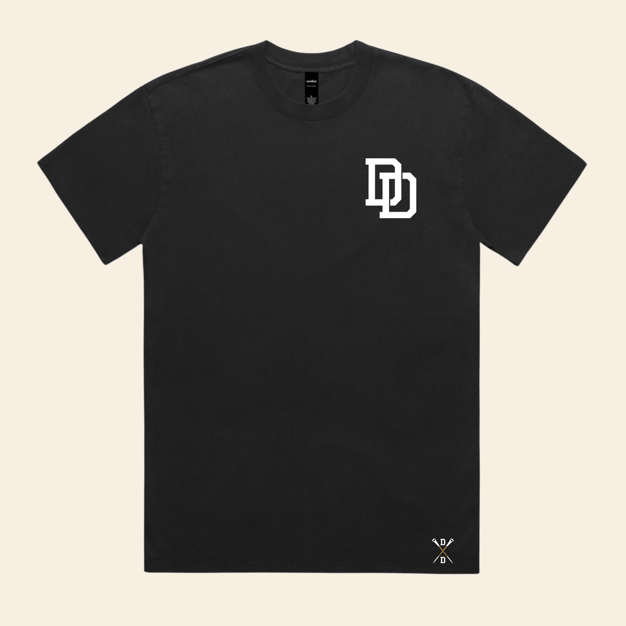 Black Divot Daddies tee with white DD chest monogram and lower hem club mark
