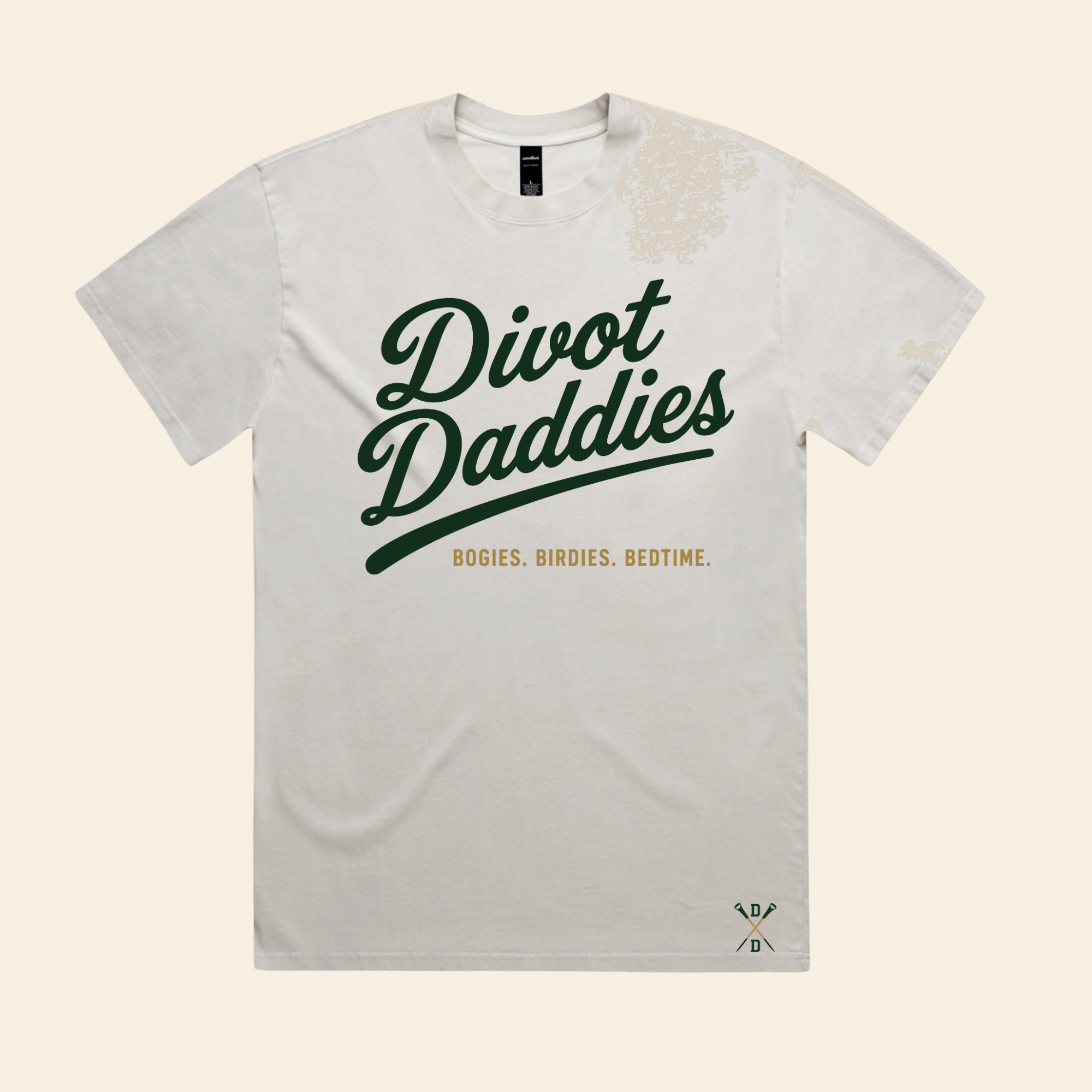 Cream Divot Daddies tee with forest script logo and Bogies Birdies Bedtime tagline