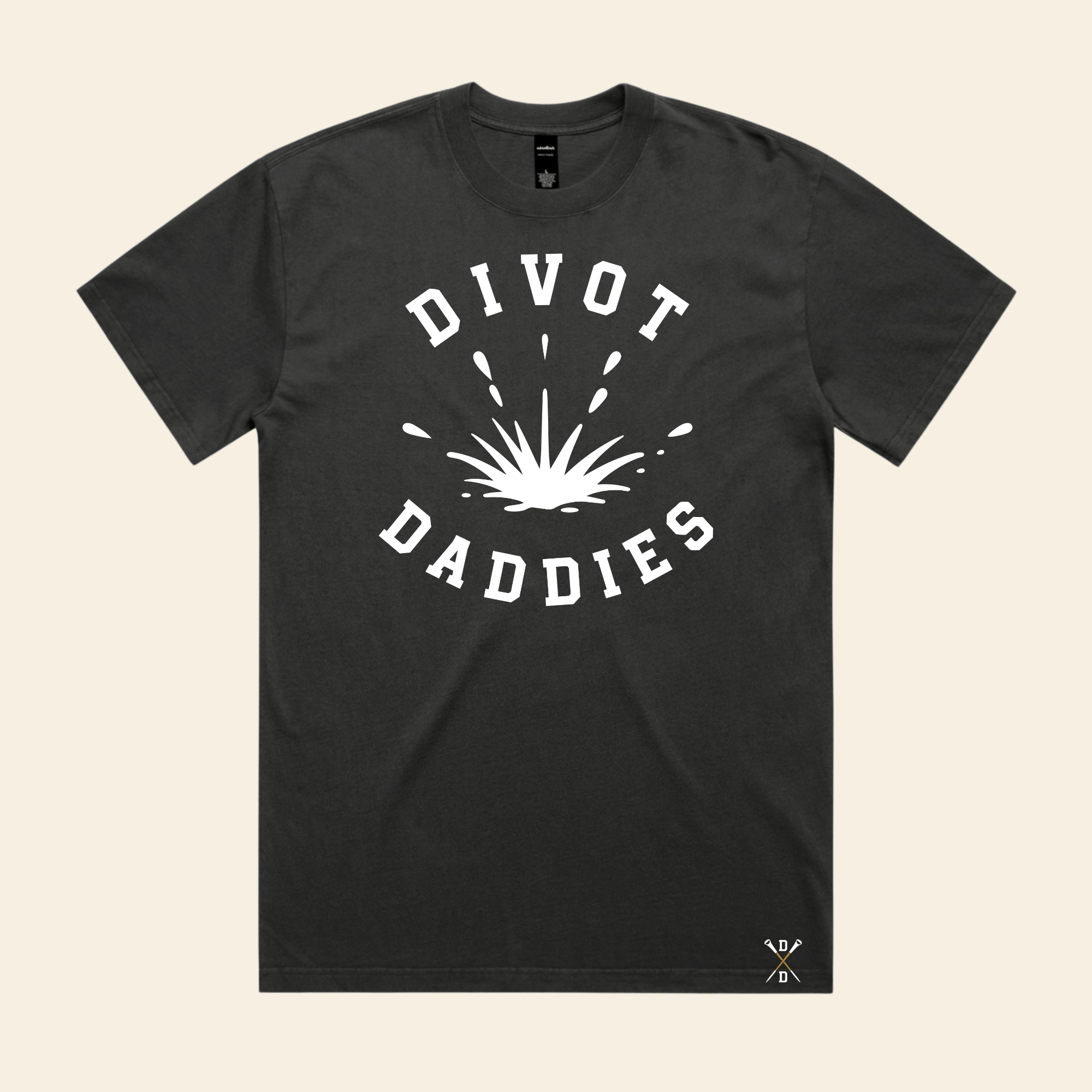 Smoke black Divot Daddies tee with white circular splash artwork