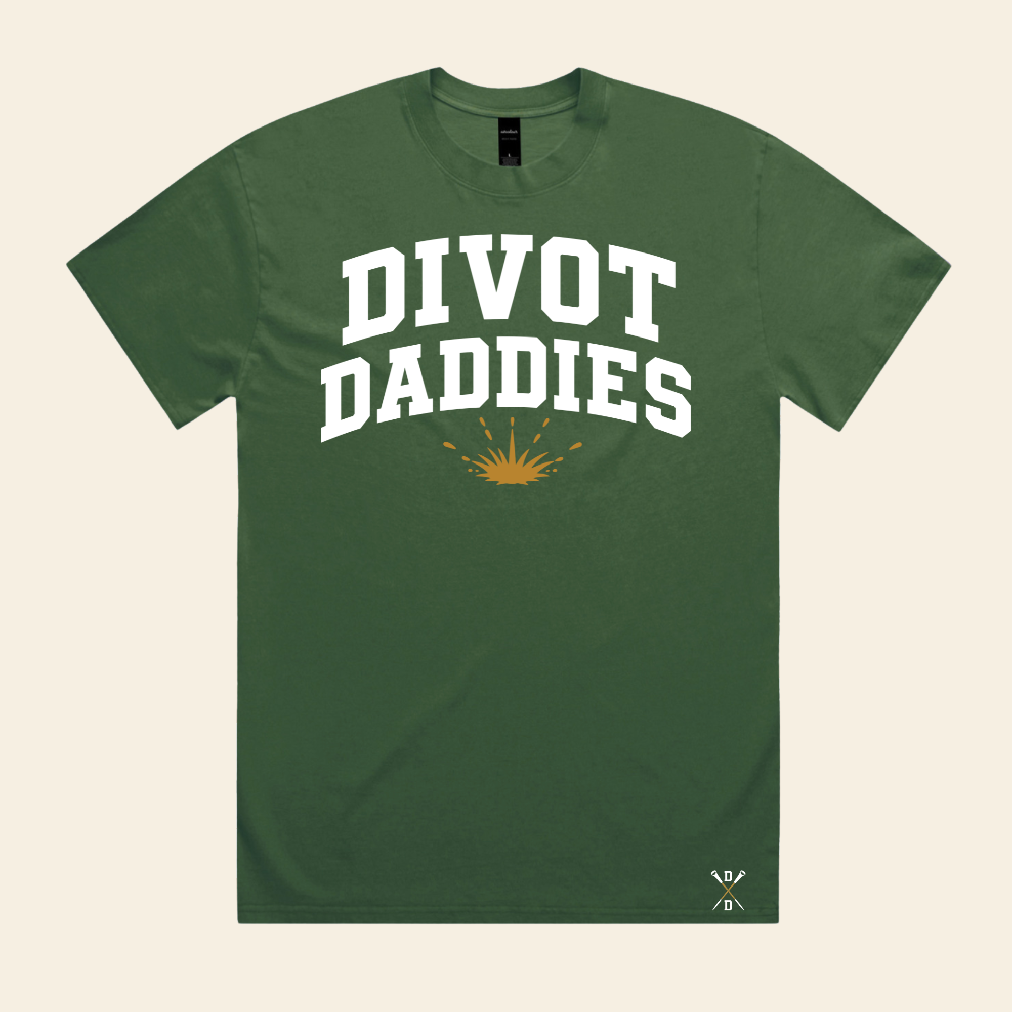 Forest green Divot Daddies tee with white varsity lettering and gold splash graphic